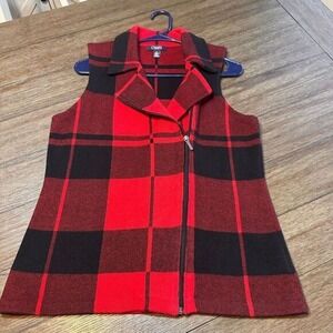 Chaps Red Black Buffalo Plaid Zip Front Sweater Vest Sleeveless Winter Womens  M